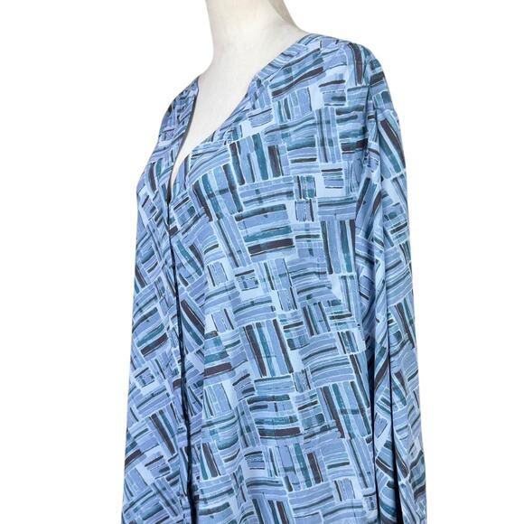 NYDJ NWT Blue Geometric Print 3/4 Sleeves Pintuck Button Up Blouse - Picture 7 of 13
